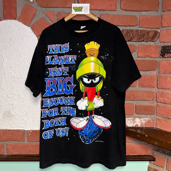 Vintage 1993 Warner Bros. Marvin the Martian Black Allover Print T-Shirt Tee XL